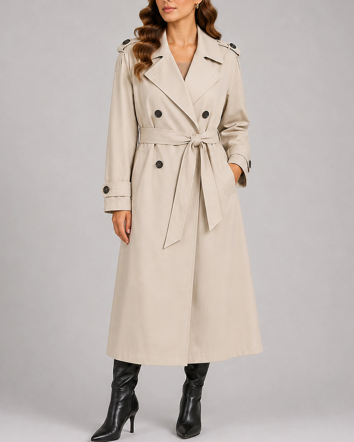 Women's Long Trench Coat, Double-Breasted with Waist Belt and Epaulettes – Adele