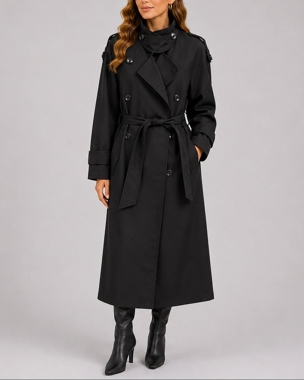 Women's Tailored Double-Breasted Trench Coat with Waist Belt and Epaulettes – Evie