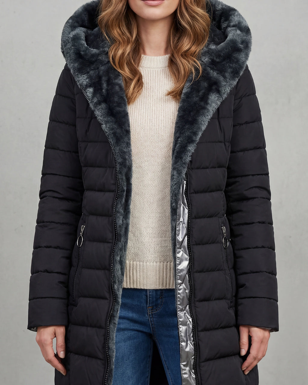 Women's Puffer Coat with Faux Fur Hood, Longline – Josie Rose