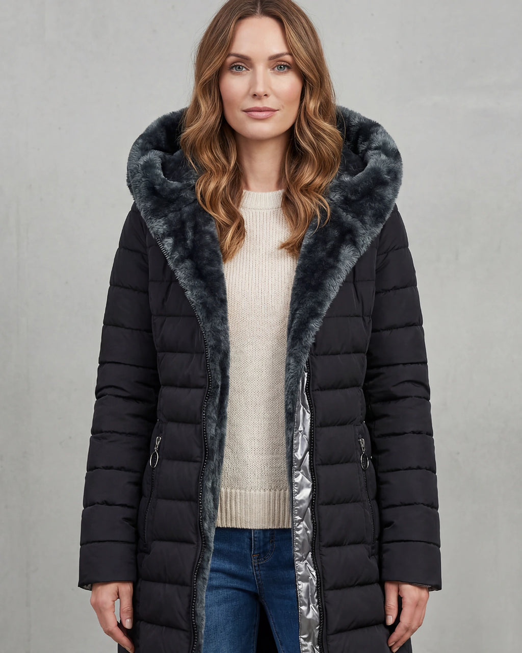 Women's Puffer Coat with Faux Fur Hood, Longline – Josie Rose