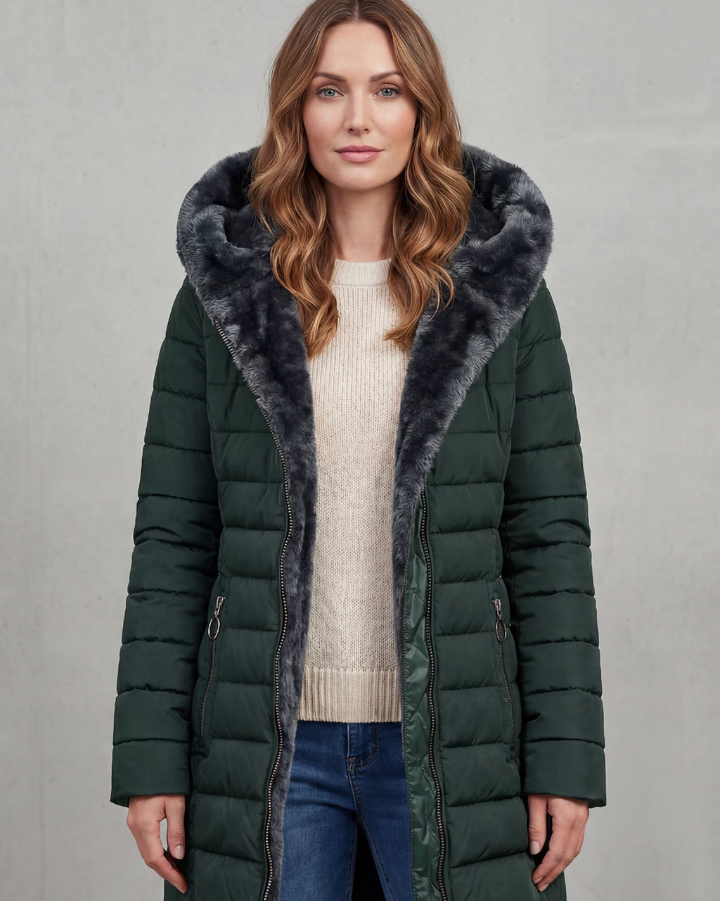 Women's Puffer Coat with Faux Fur Hood, Longline – Josie Rose