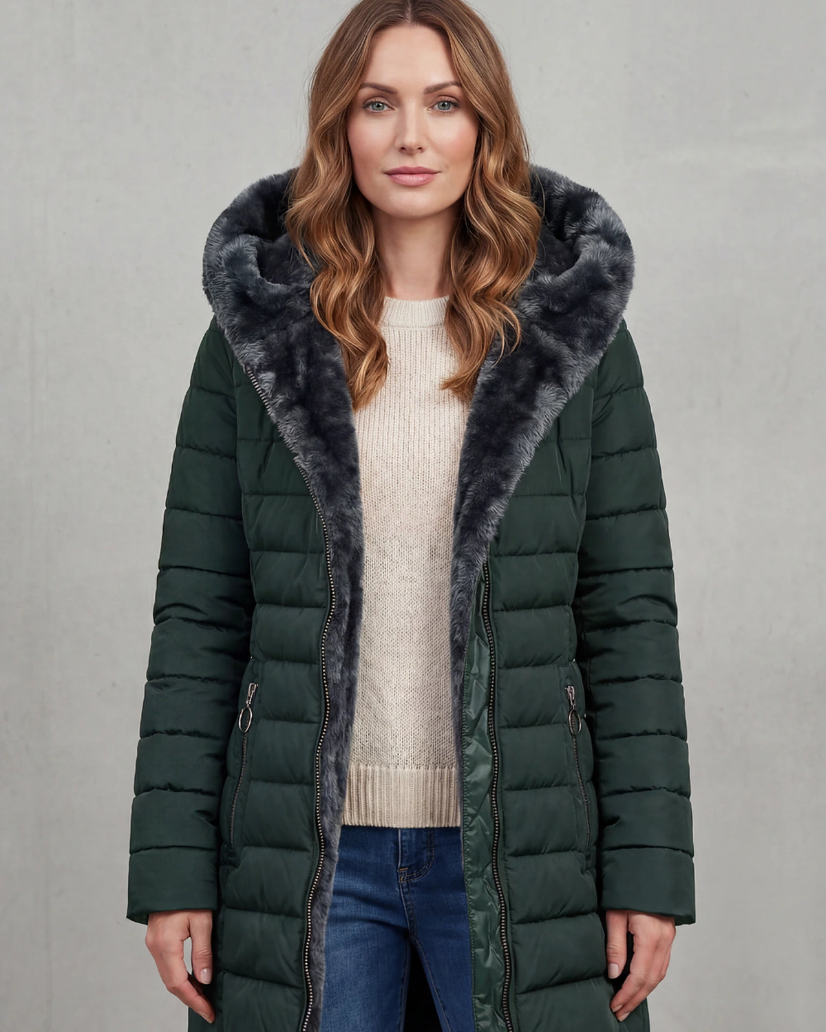 Women's Puffer Coat with Faux Fur Hood, Longline – Josie Rose