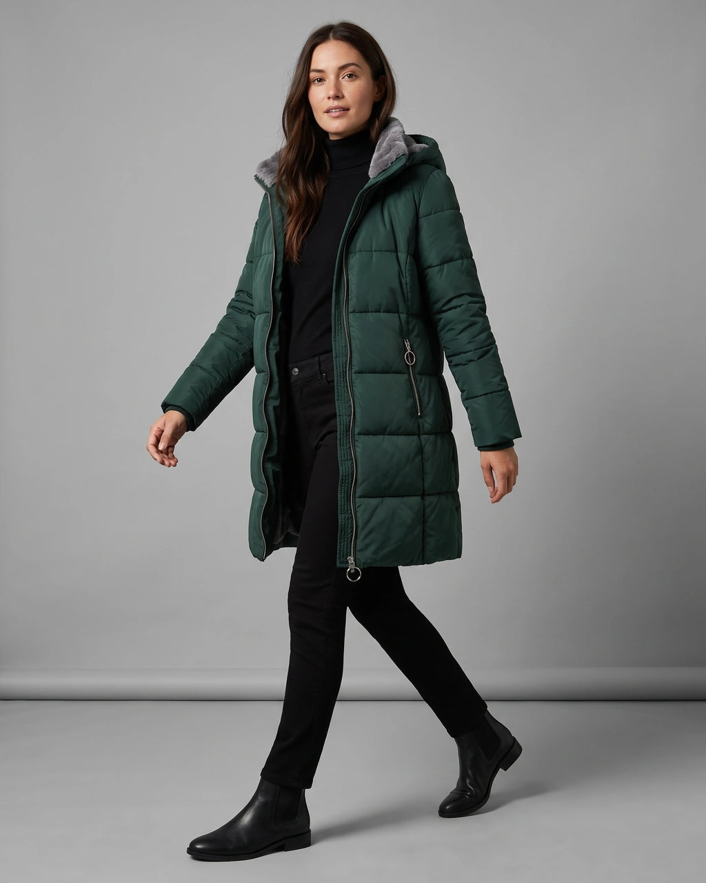 Women's Puffer Coat with Hood, Faux Fur Trim and Zip Pockets, Longline Cut – Scarlett