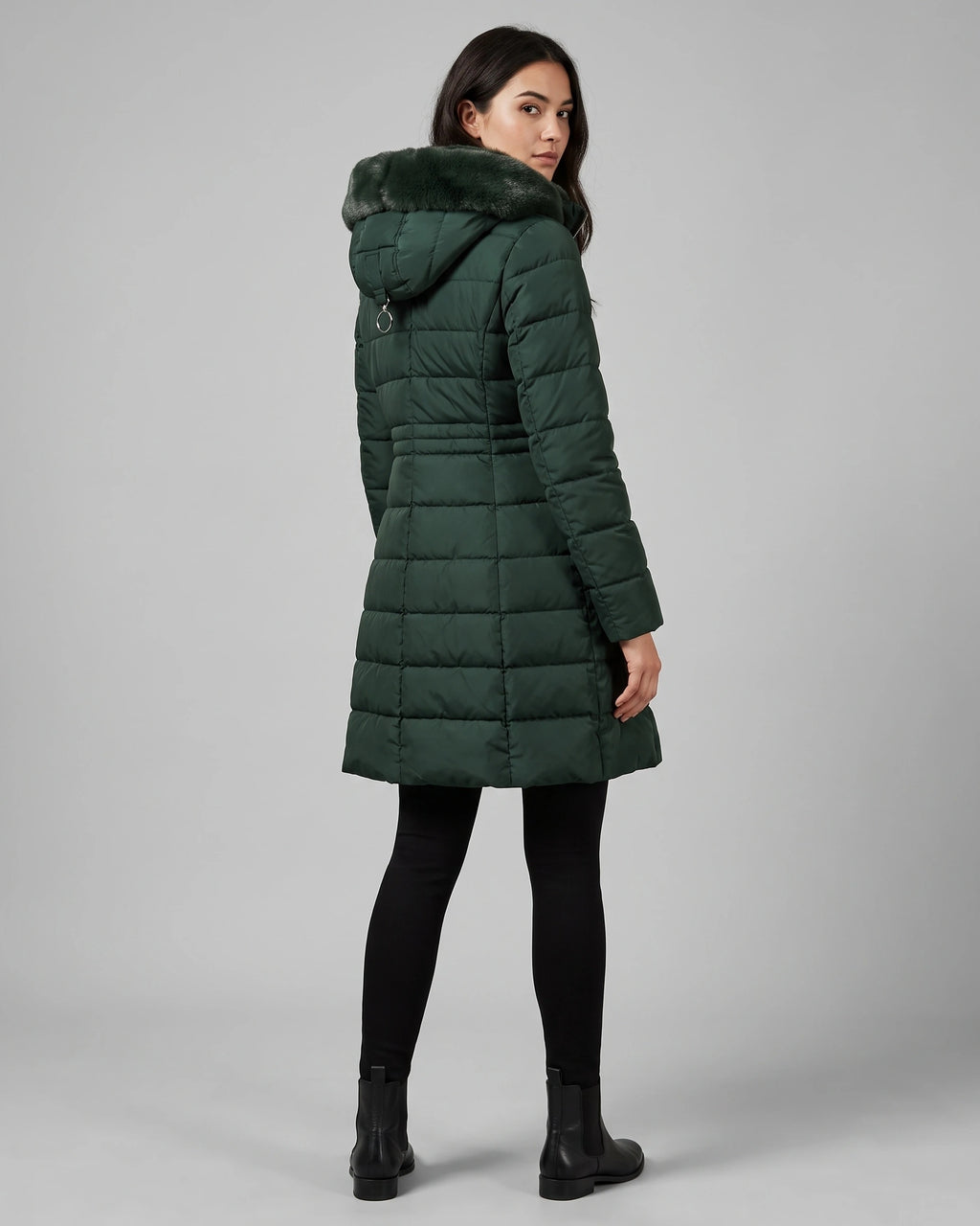 Women's Puffer Coat with Hood, Faux Fur Trim and Zip Pockets, Longline Cut – Scarlett