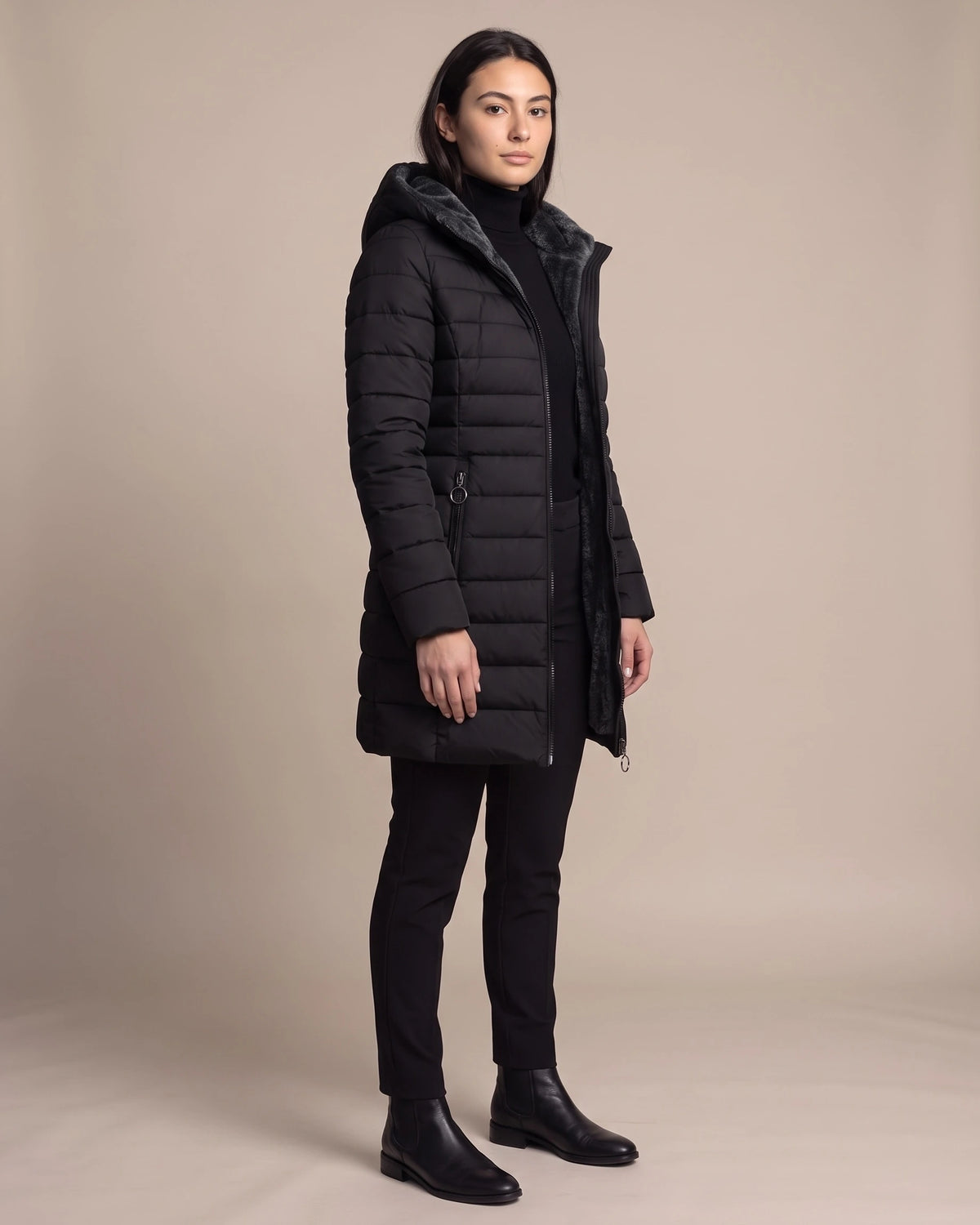 Women's Puffer Coat with Hood, Faux Fur Trim and Zip Pockets, Longline Cut – Scarlett