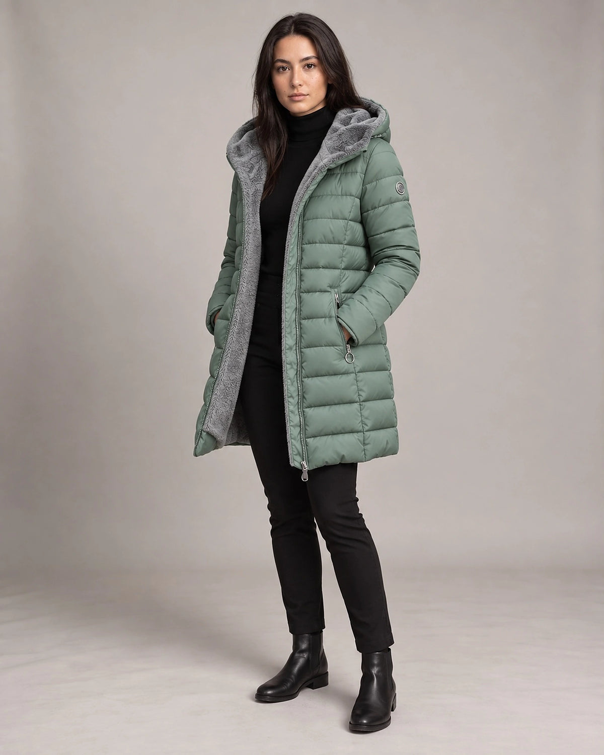 Women's Puffer Coat with Hood, Faux Fur Trim and Zip Pockets, Longline Cut – Scarlett