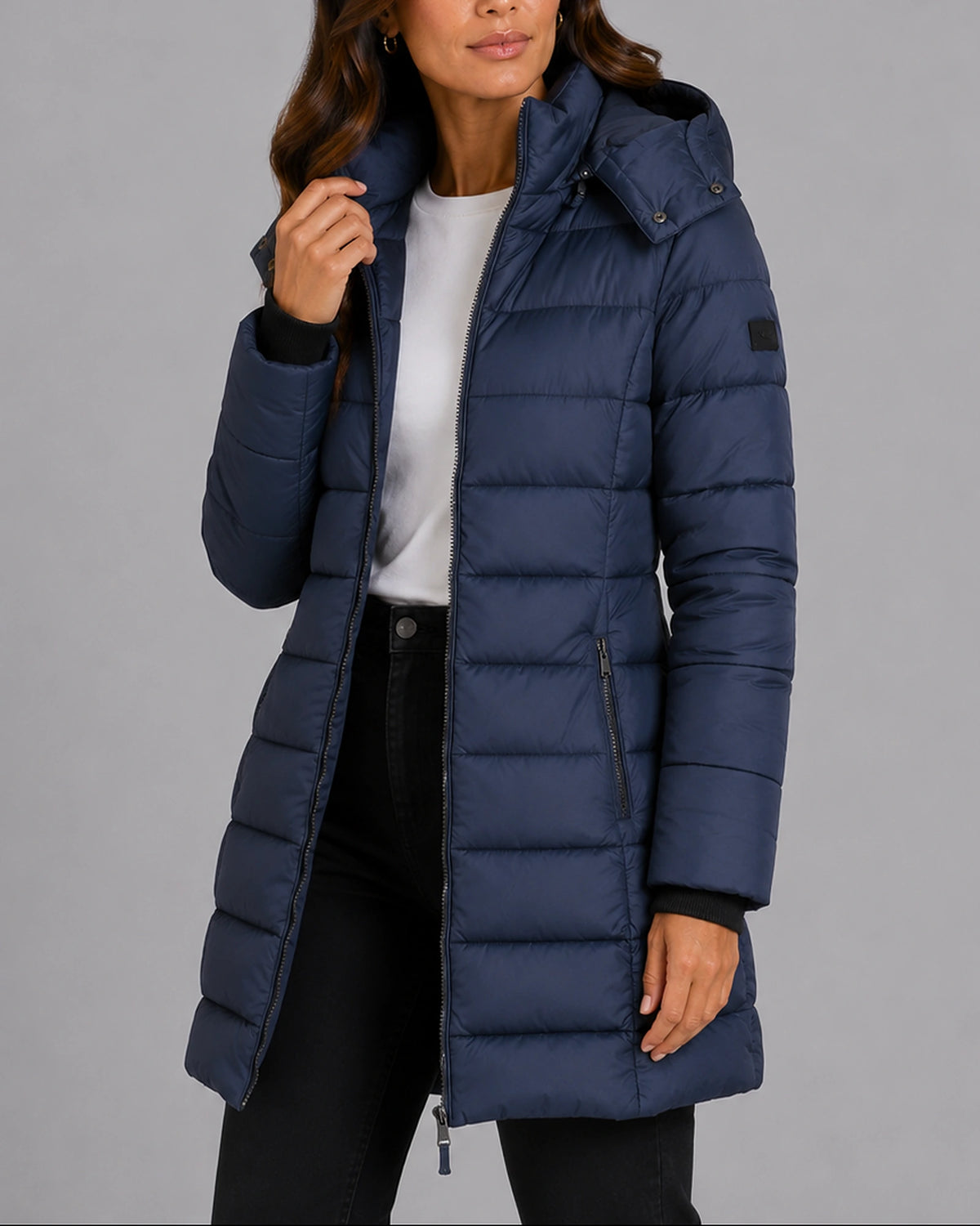 Women's Puffer Jacket, Longline Hooded with Quilted Panels – Luna
