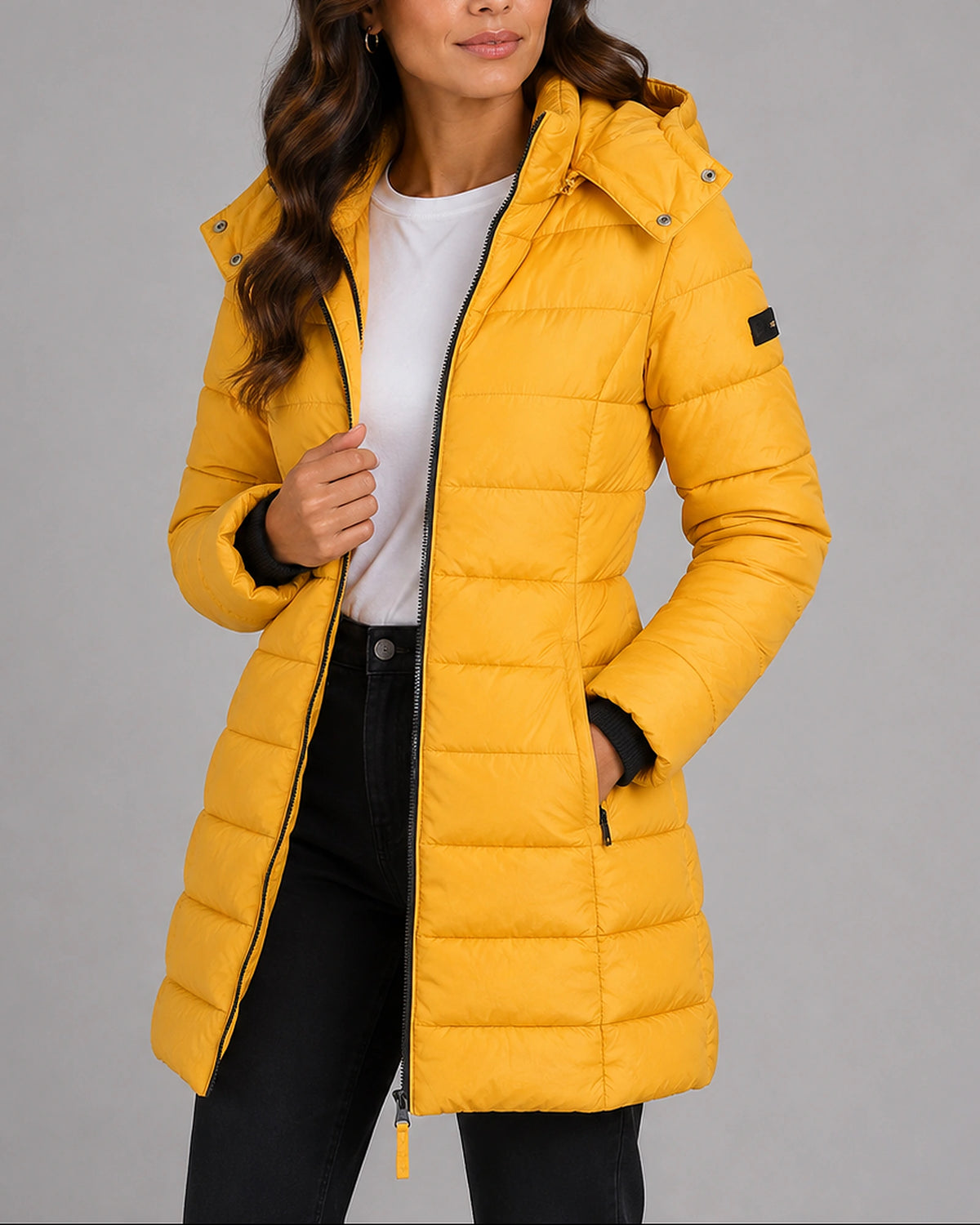 Women's Puffer Jacket, Longline Hooded with Quilted Panels – Luna