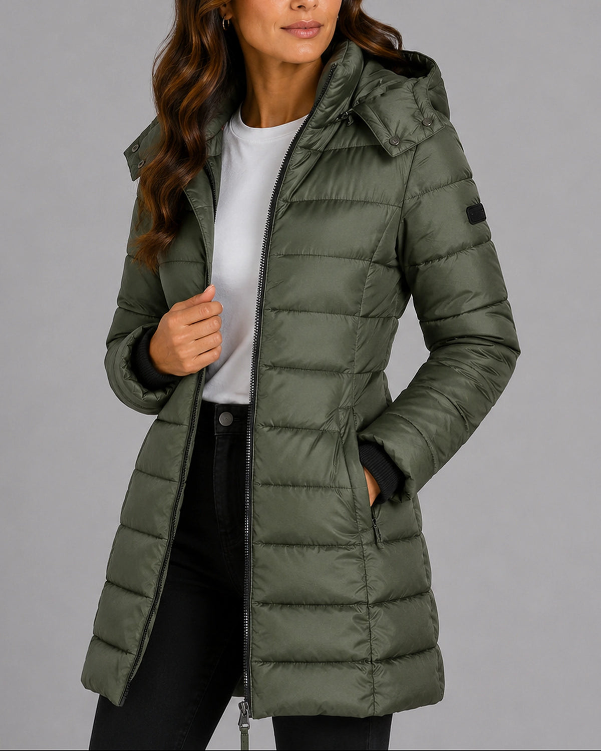 Women's Puffer Jacket, Longline Hooded with Quilted Panels – Luna
