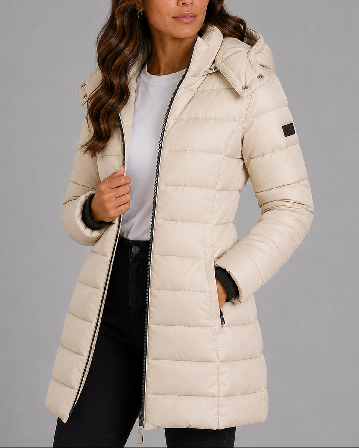 Women's Puffer Jacket, Longline Hooded with Quilted Panels – Luna