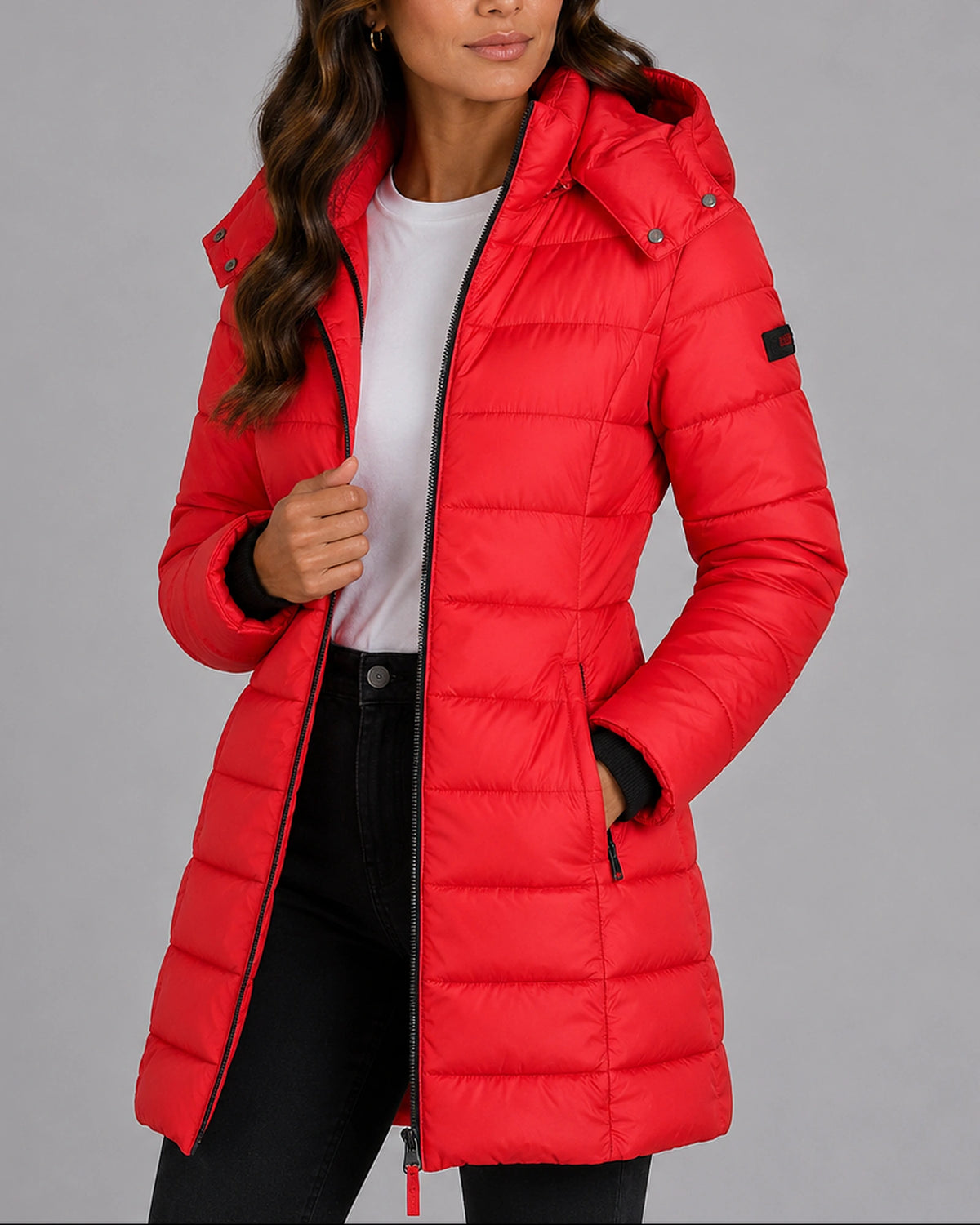 Women's Puffer Jacket, Longline Hooded with Quilted Panels – Luna