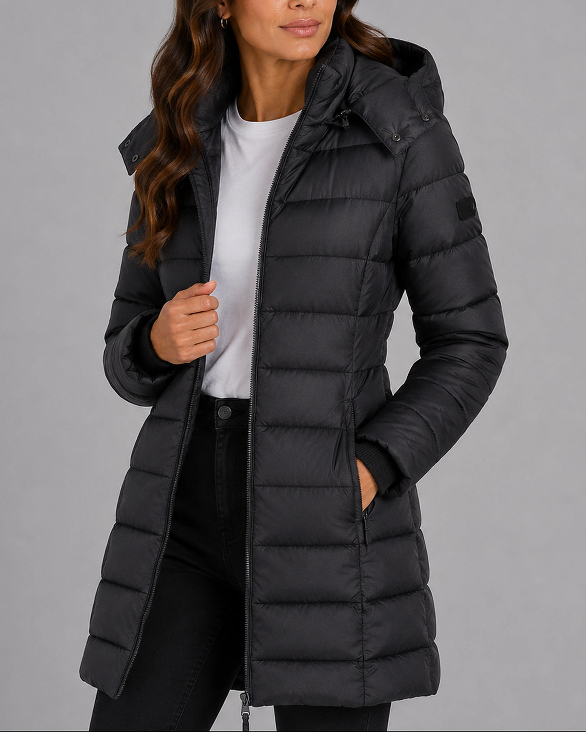 Women's Puffer Jacket, Longline Hooded with Quilted Panels – Luna