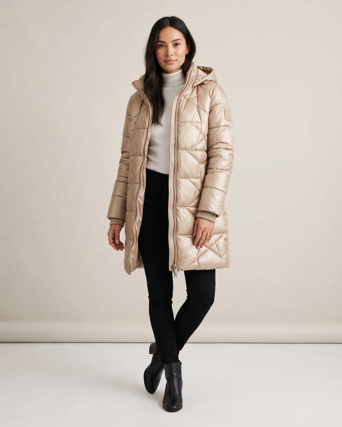 Women's Long Hooded Puffer Coat with Ribbed Cuffs, Warm Quilted Finish – Juno