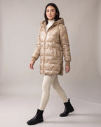 Women's Long Hooded Puffer Coat with Ribbed Cuffs, Warm Quilted Finish – Juno