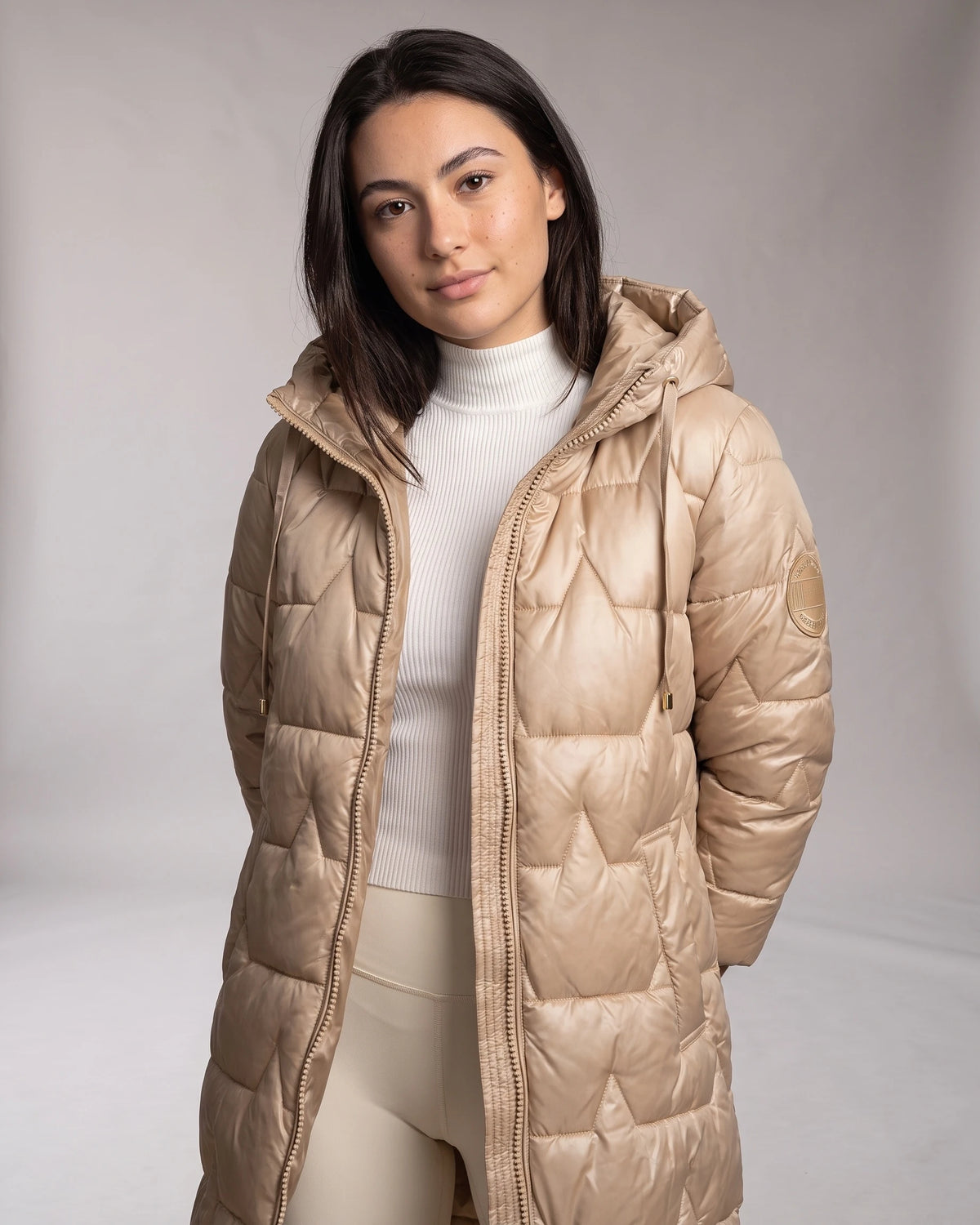 Women's Long Hooded Puffer Coat with Ribbed Cuffs, Warm Quilted Finish – Juno
