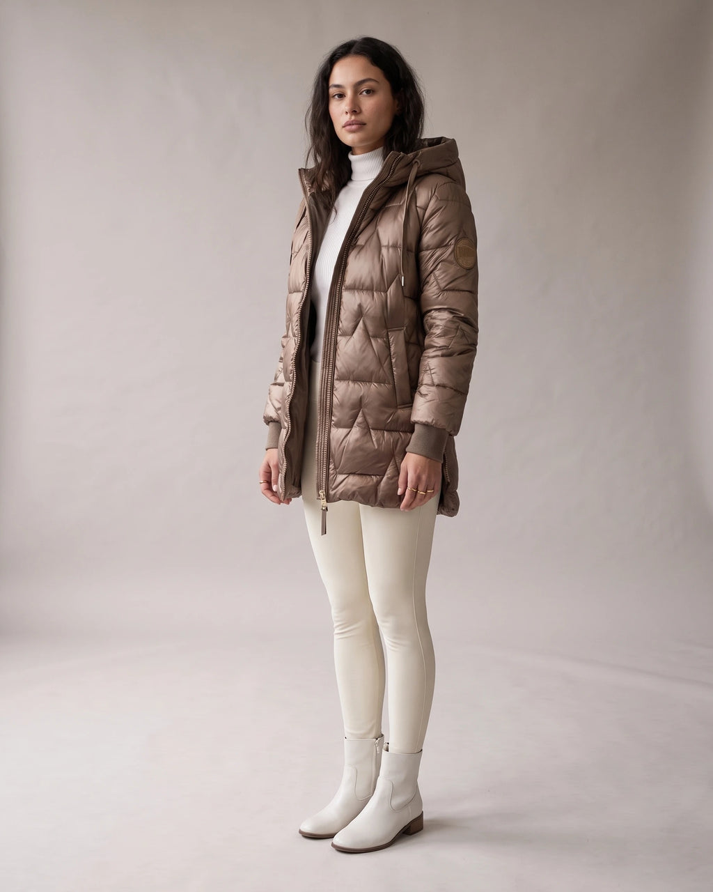 Women's Long Hooded Puffer Coat with Ribbed Cuffs, Warm Quilted Finish – Juno