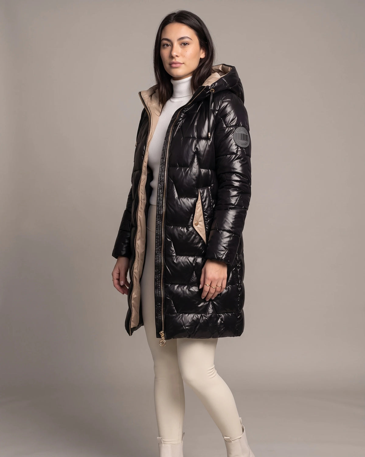 Women's Long Hooded Puffer Coat with Ribbed Cuffs, Warm Quilted Finish – Juno