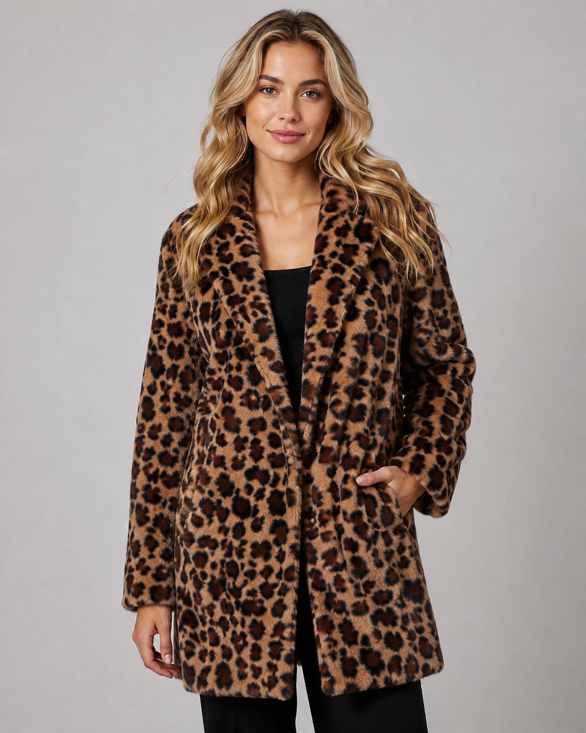Women's Faux Fur Coat in Leopard Print with Shawl Collar for Winter – Josie Grey