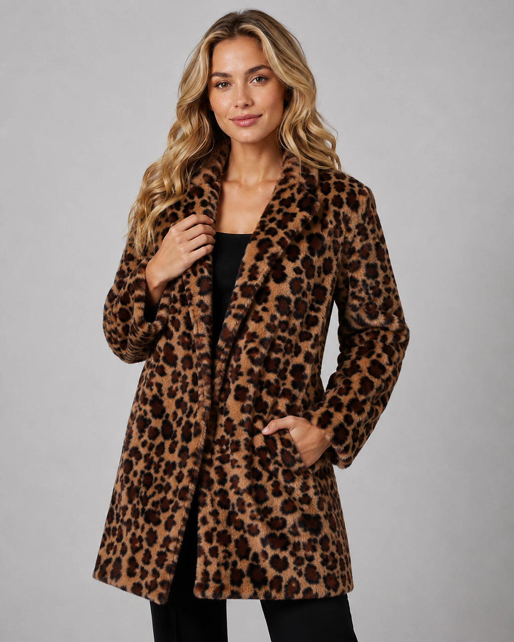 Women's Faux Fur Coat in Leopard Print with Shawl Collar for Winter – Josie Grey