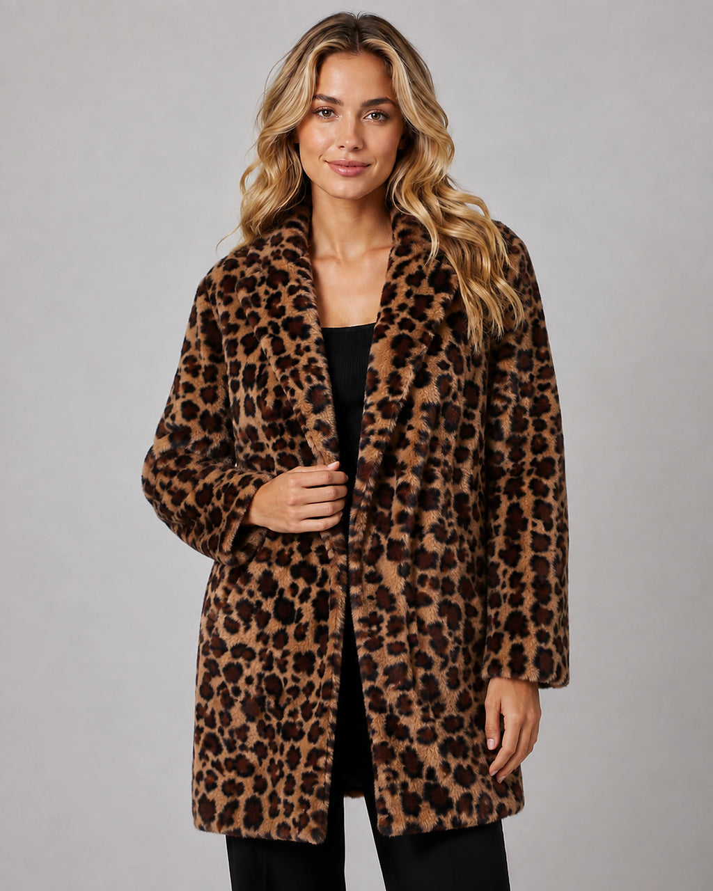 Women's Faux Fur Coat in Leopard Print with Shawl Collar for Winter – Josie Grey