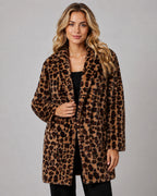 Women's Faux Fur Coat in Leopard Print with Shawl Collar for Winter – Josie Grey