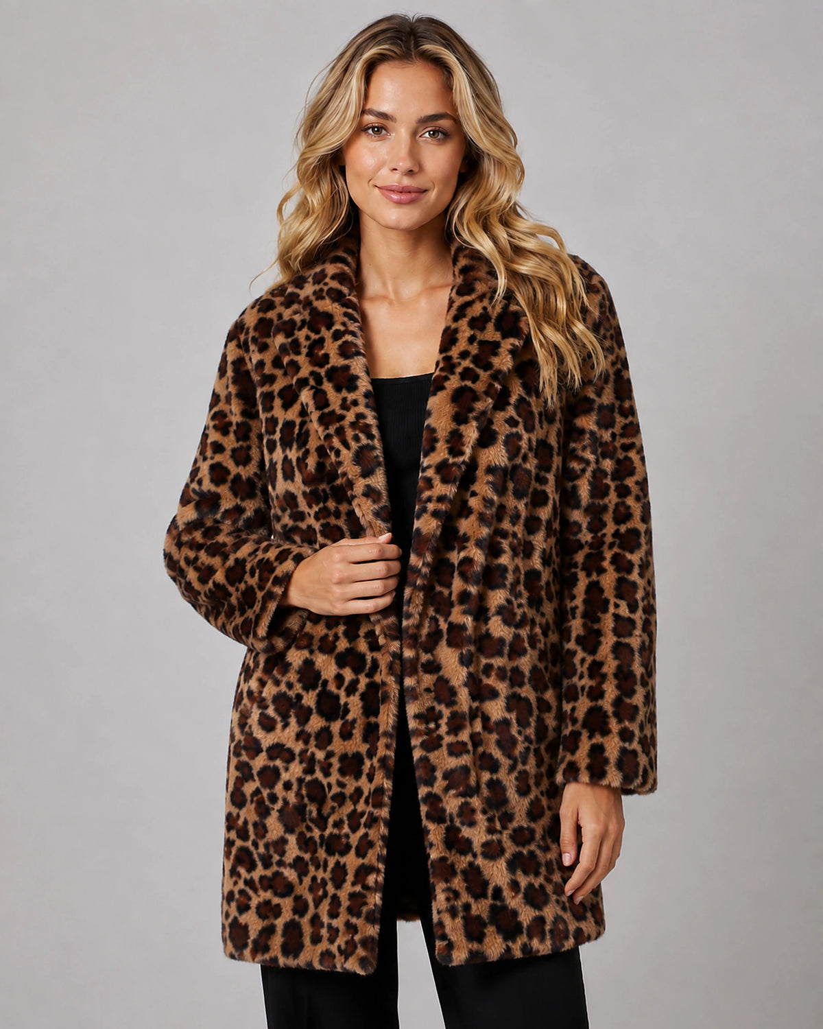 Women's Faux Fur Coat in Leopard Print with Shawl Collar for Winter – Josie Grey