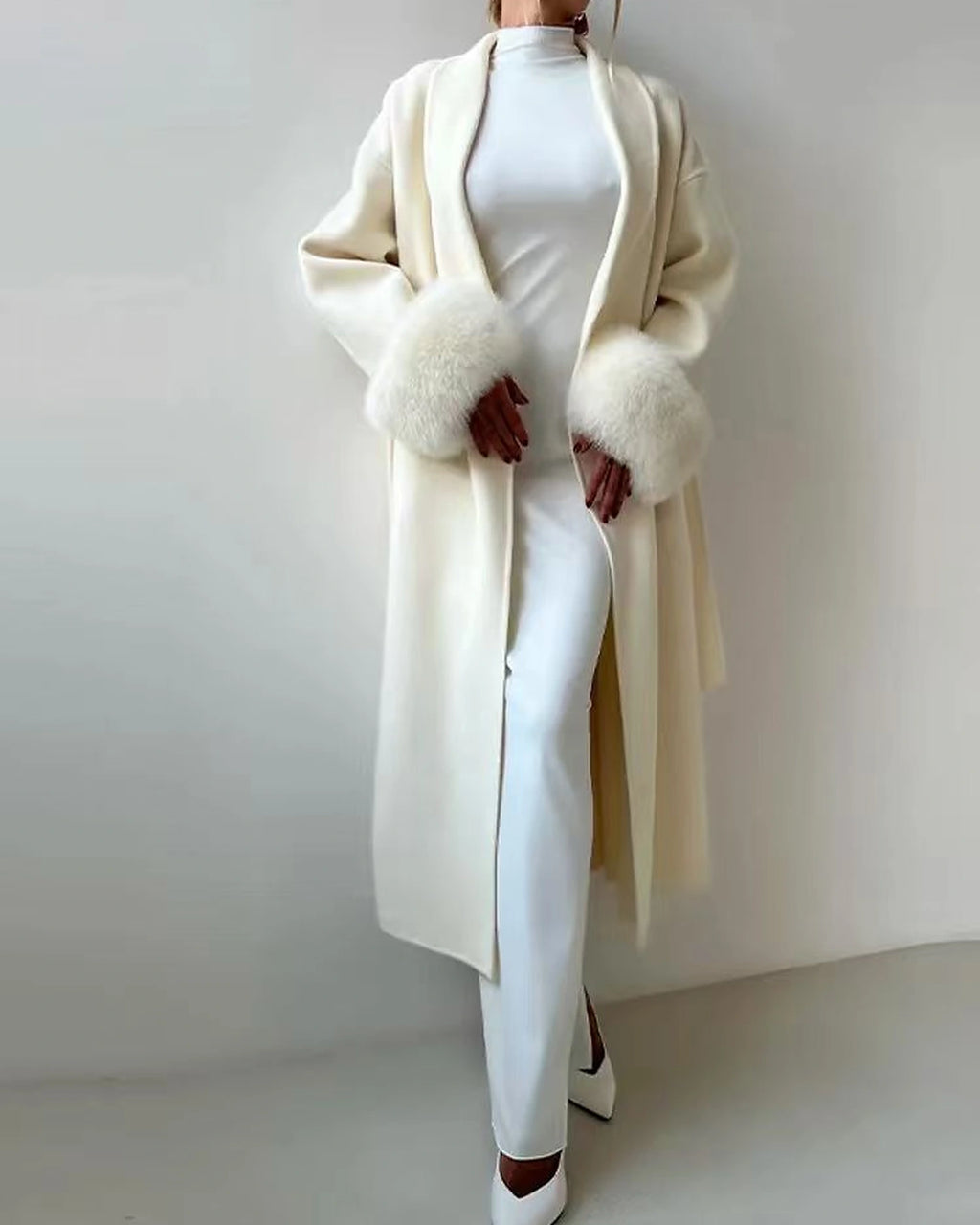 Women's Longline Open-Front Wool-Blend Coat with Faux Fur Cuffs – Holly Belle