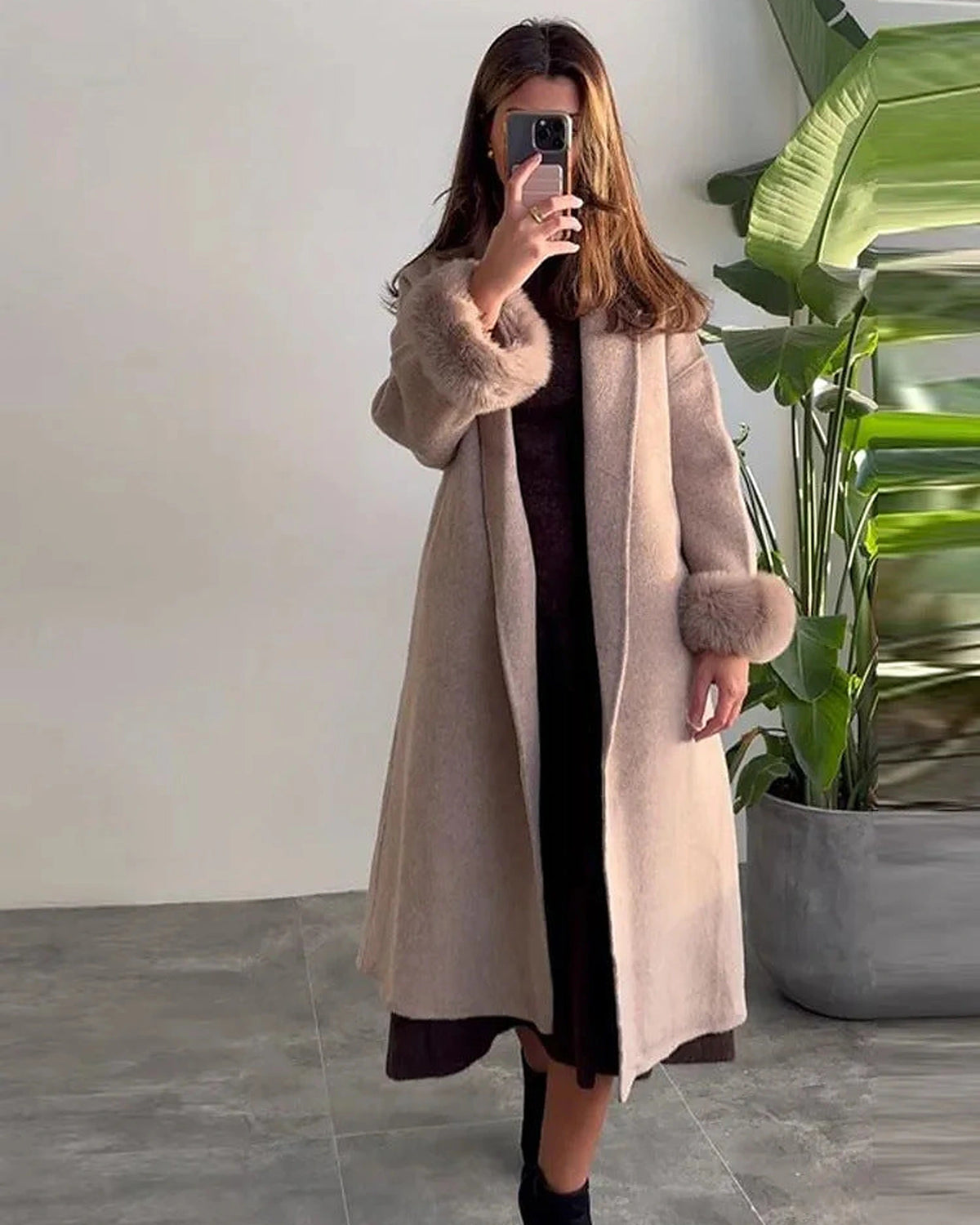 Women's Longline Open-Front Wool-Blend Coat with Faux Fur Cuffs – Holly Belle