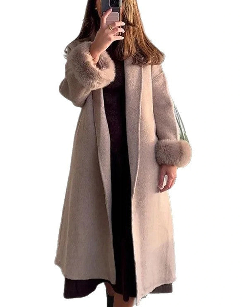 Women's Longline Open-Front Wool-Blend Coat with Faux Fur Cuffs – Holly Belle