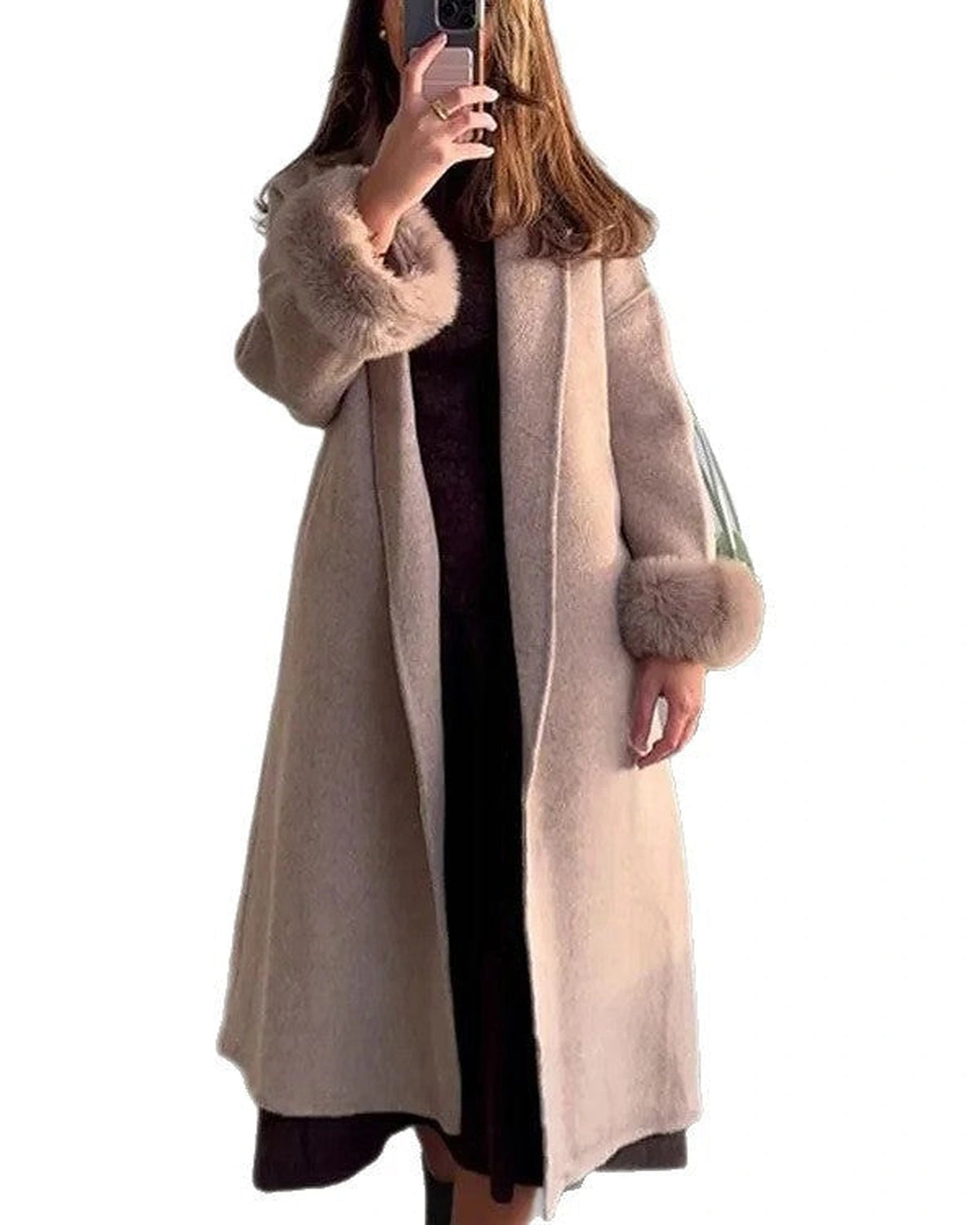 Women's Longline Open-Front Wool-Blend Coat with Faux Fur Cuffs – Holly Belle
