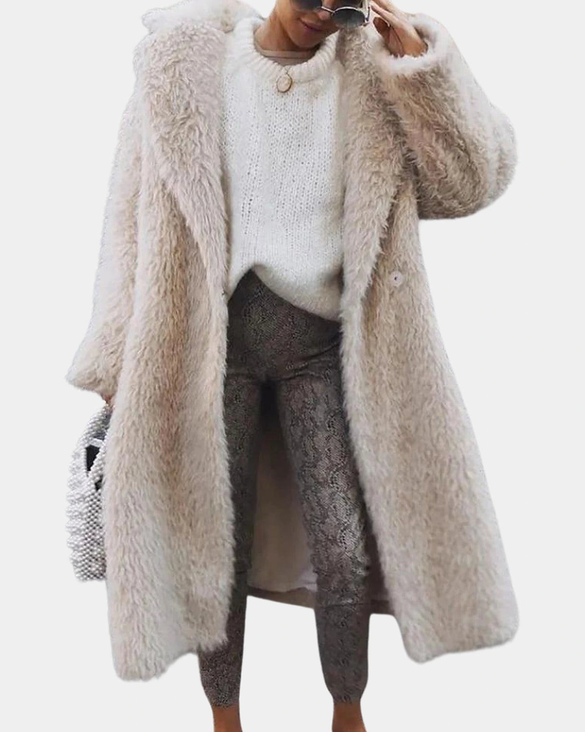 Women's Longline Shaggy Faux Fur Coat with Notch Collar, Relaxed Fit – Dora Belle