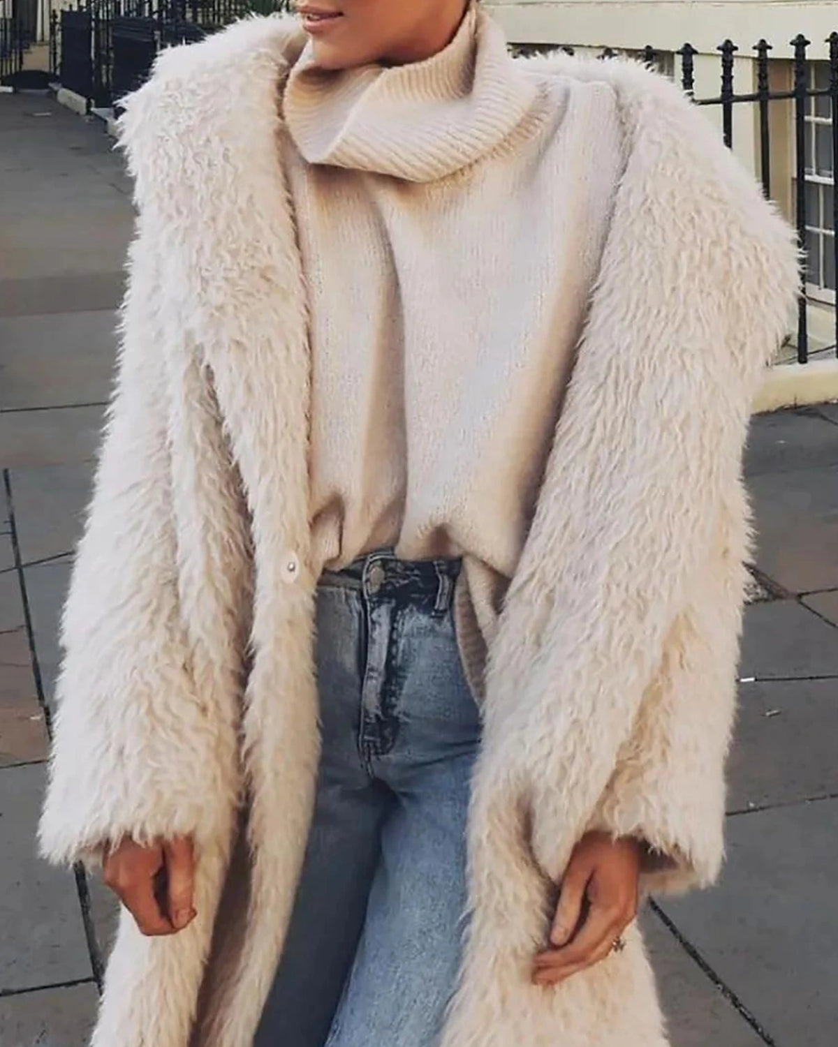 Women's Longline Shaggy Faux Fur Coat with Notch Collar, Relaxed Fit – Dora Belle