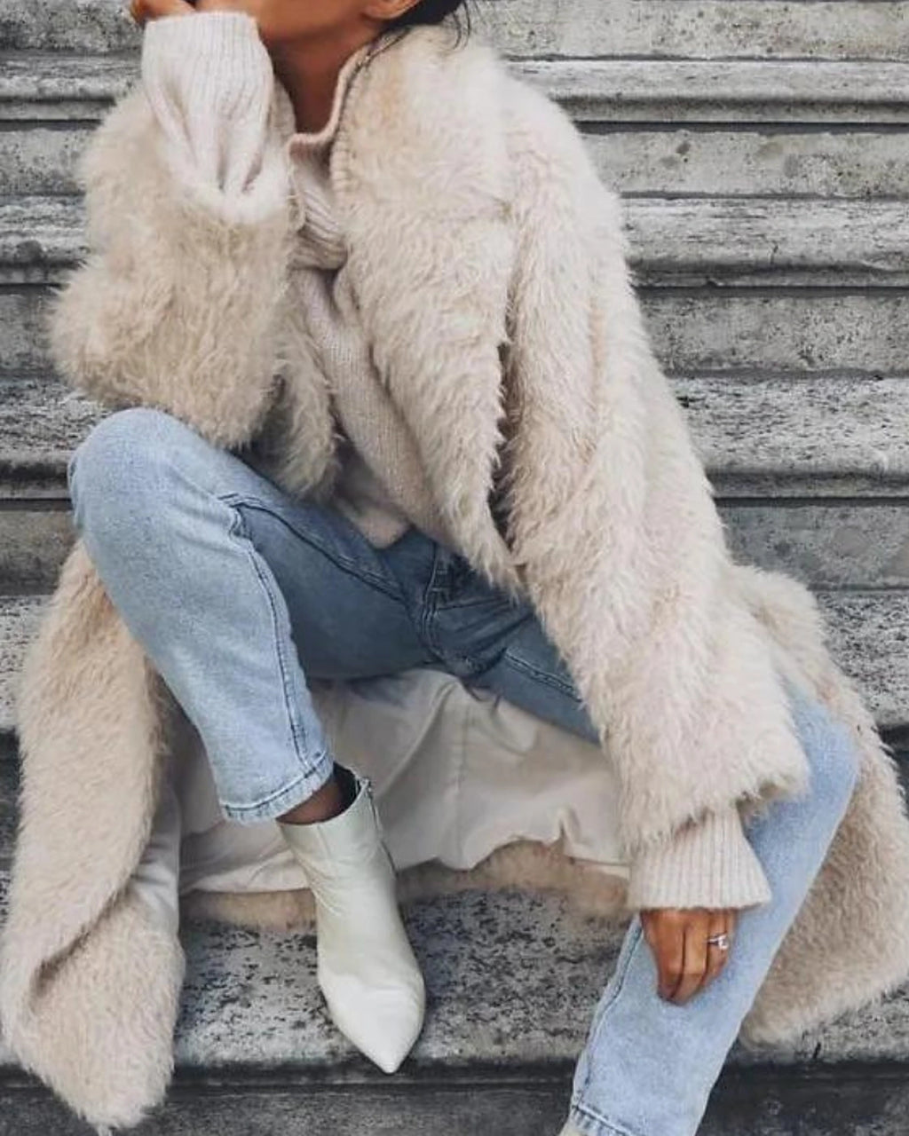Women's Longline Shaggy Faux Fur Coat with Notch Collar, Relaxed Fit – Dora Belle