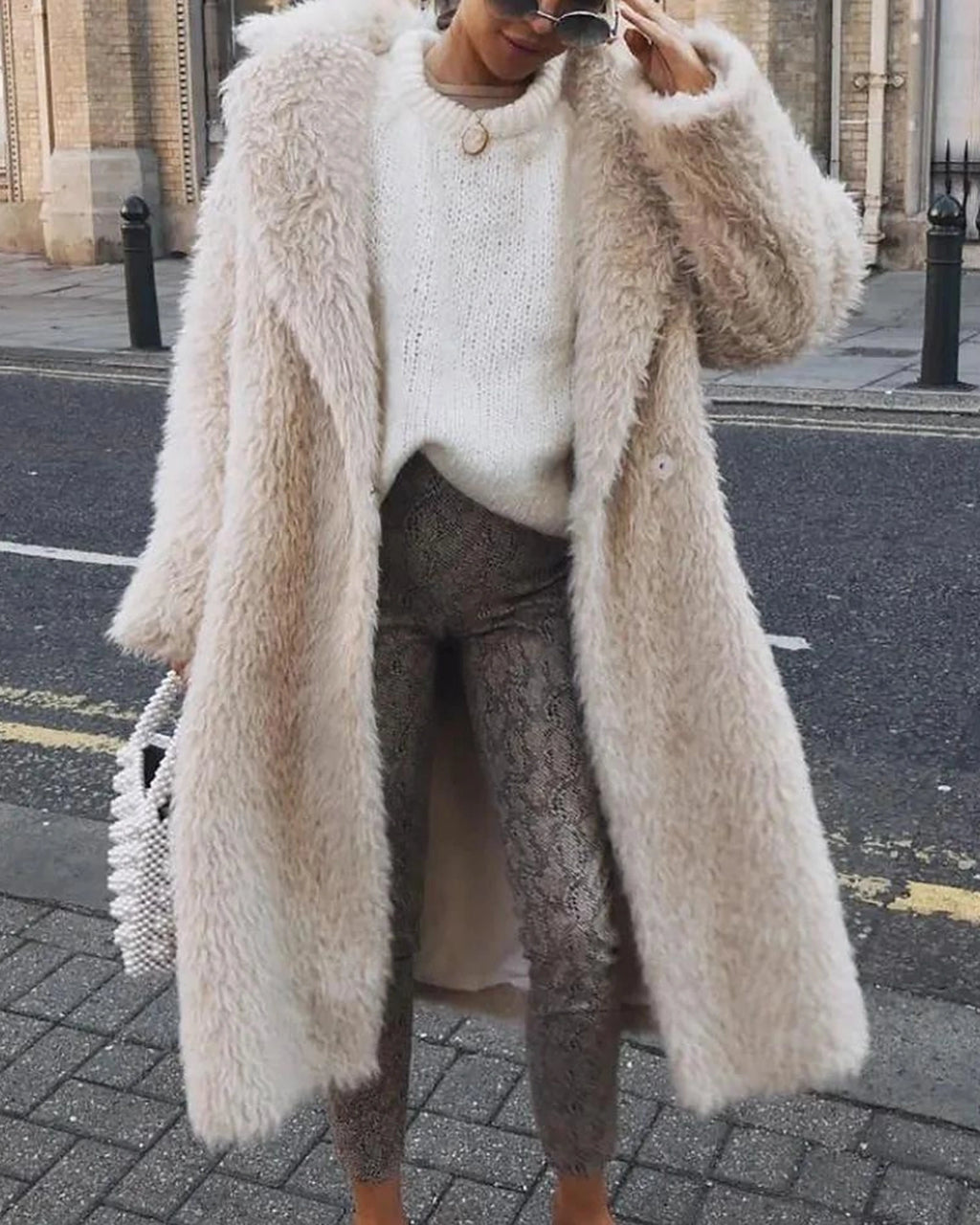 Women's Longline Shaggy Faux Fur Coat with Notch Collar, Relaxed Fit – Dora Belle