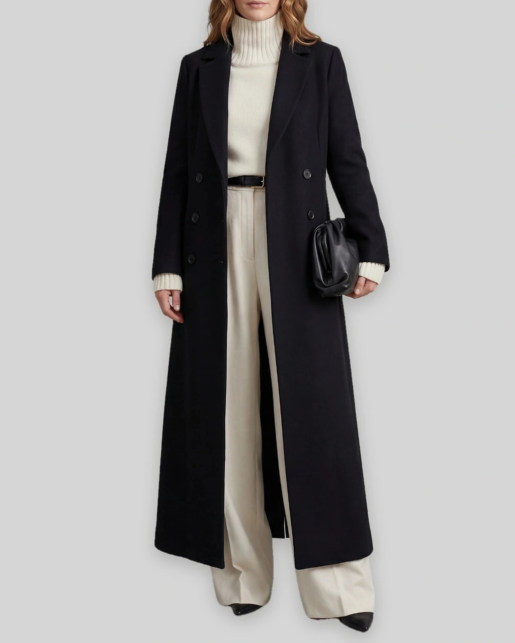 Women's Long Coat with Double Breasted Front and Notch Lapel, Maxi Longline Length – Lottie Grey