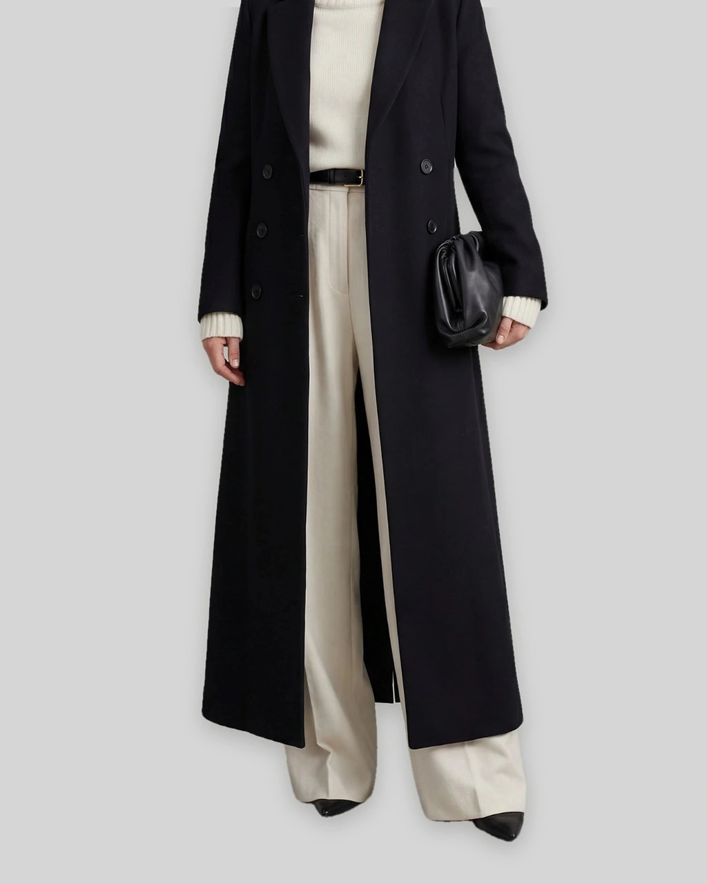Women's Long Coat with Double Breasted Front and Notch Lapel, Maxi Longline Length – Lottie Grey