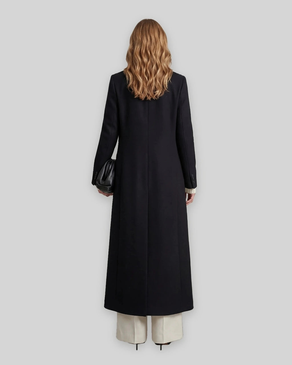 Women's Long Coat with Double Breasted Front and Notch Lapel, Maxi Longline Length – Lottie Grey