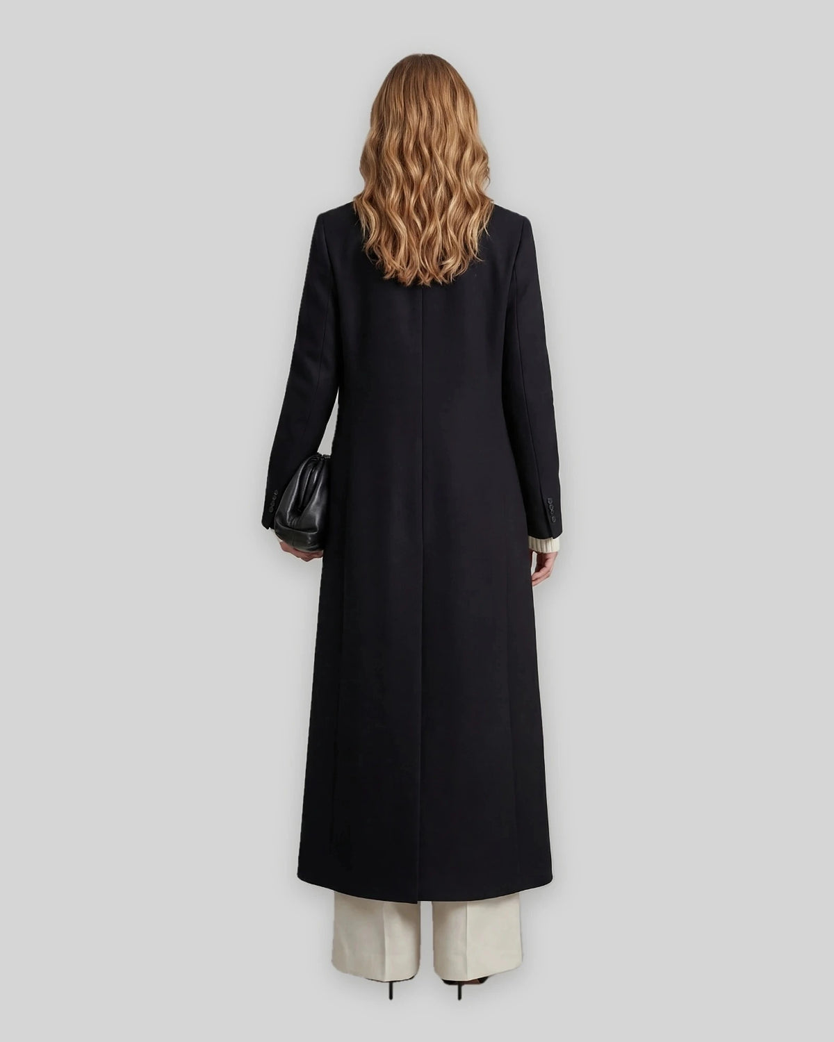 Women's Long Coat with Double Breasted Front and Notch Lapel, Maxi Longline Length – Lottie Grey