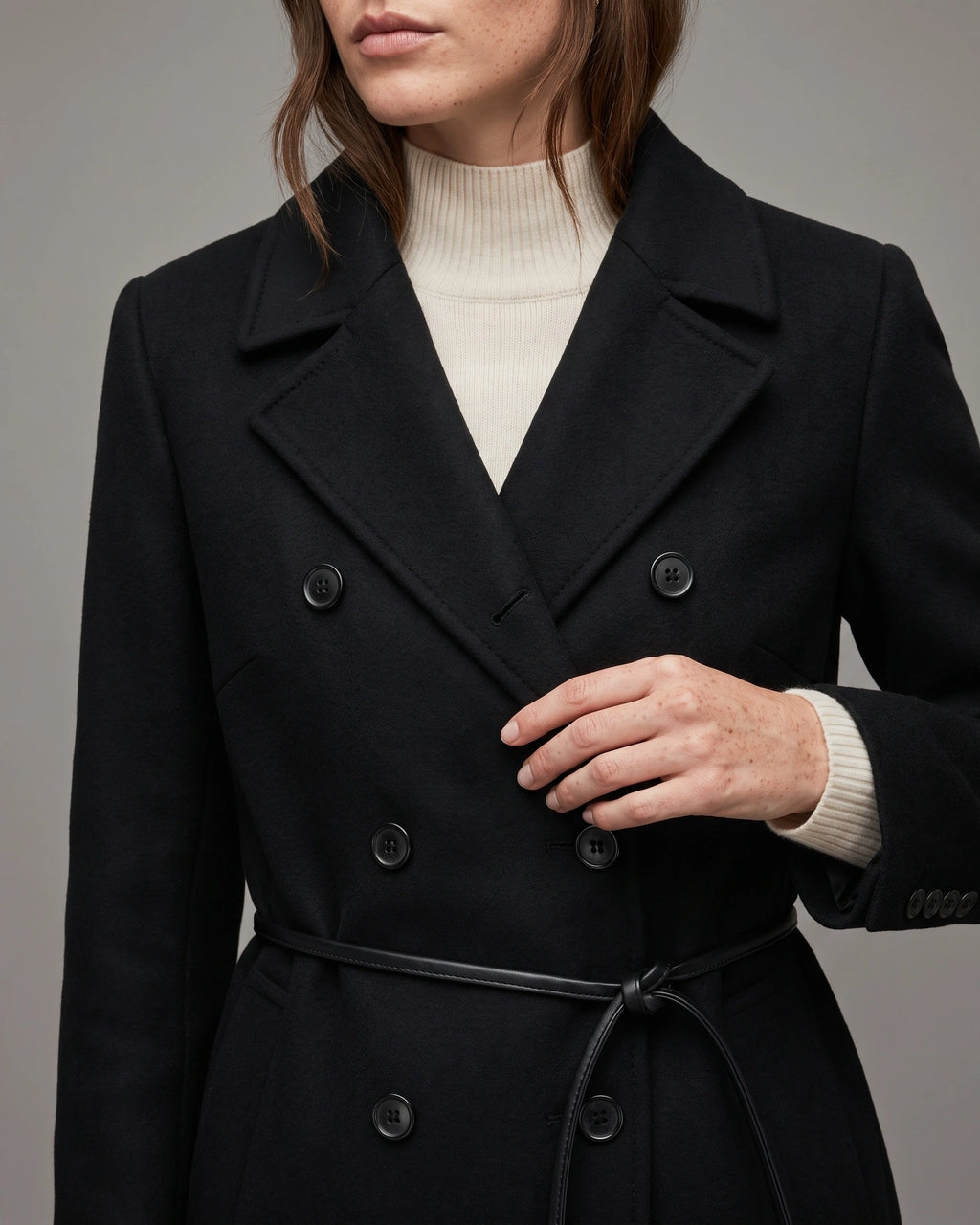 Women's Long Coat with Double Breasted Front and Notch Lapel, Maxi Longline Length – Lottie Grey