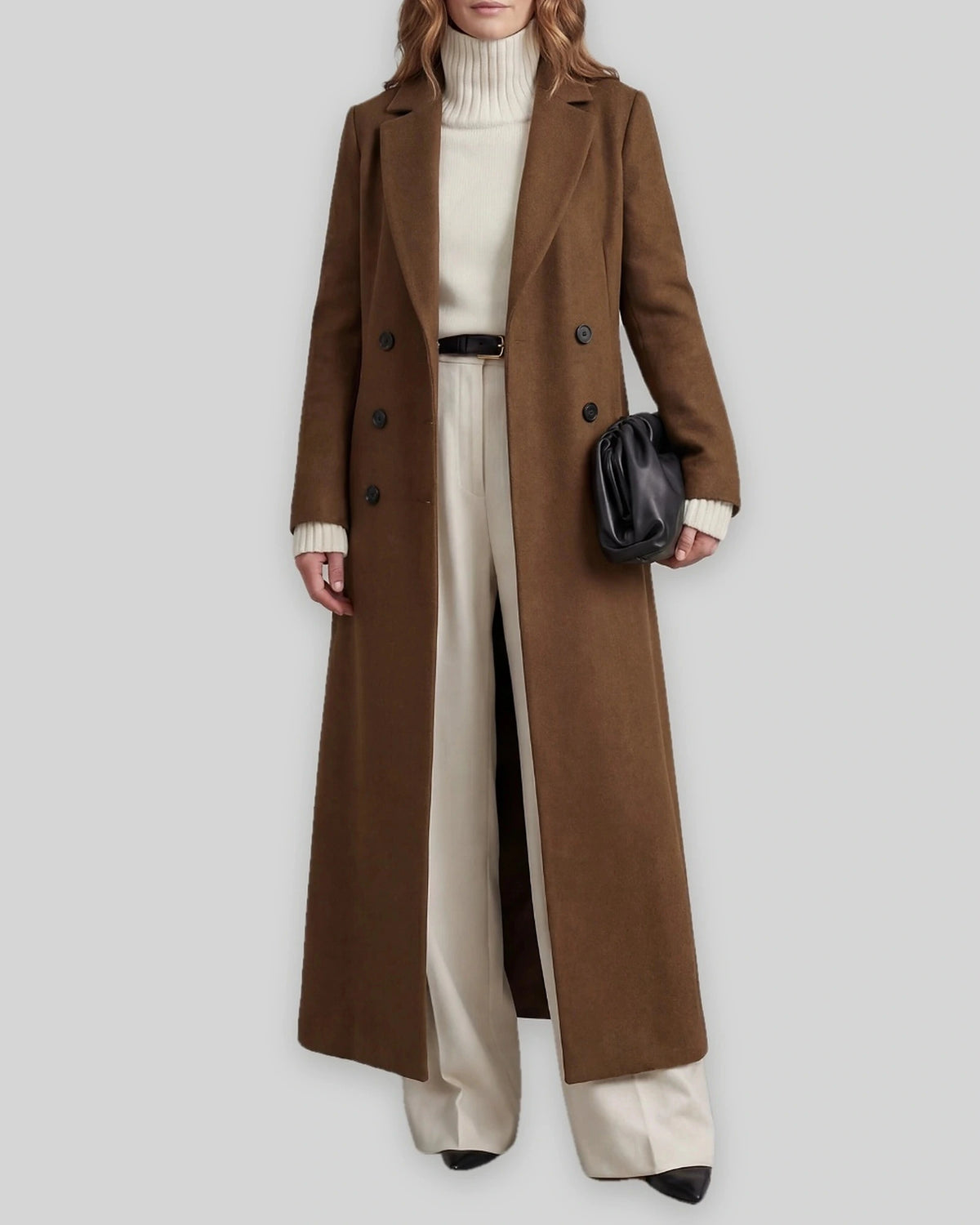 Women's Long Coat with Double Breasted Front and Notch Lapel, Maxi Longline Length – Lottie Grey