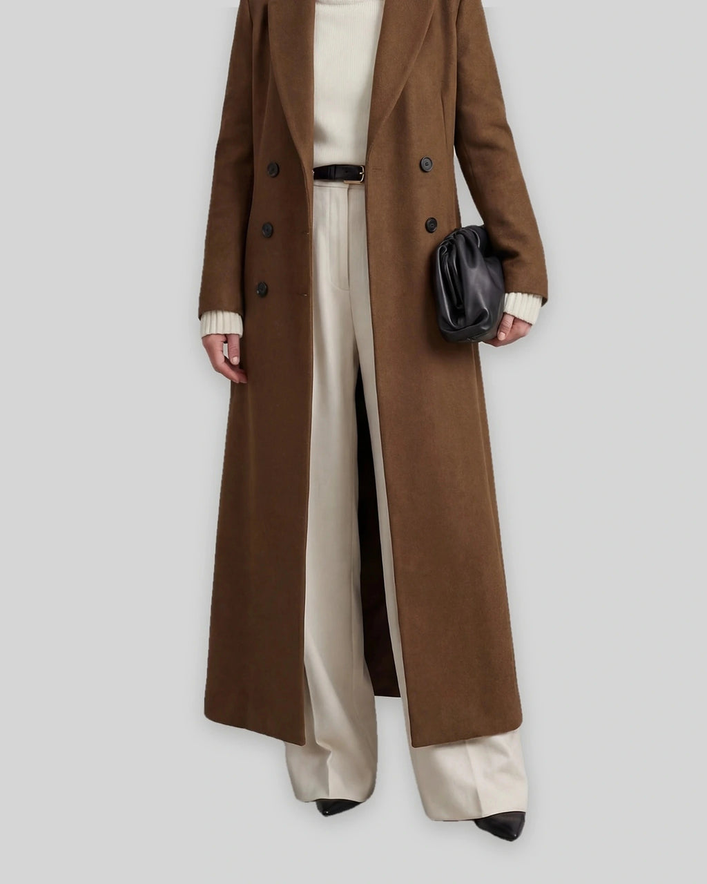 Women's Long Coat with Double Breasted Front and Notch Lapel, Maxi Longline Length – Lottie Grey