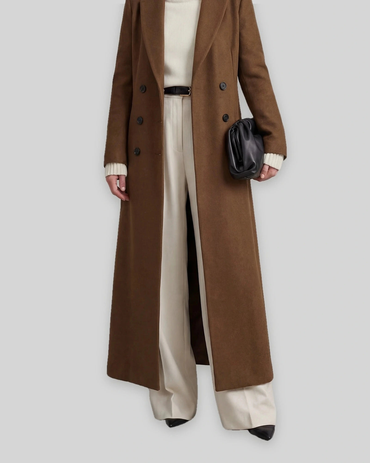 Women's Long Coat with Double Breasted Front and Notch Lapel, Maxi Longline Length – Lottie Grey