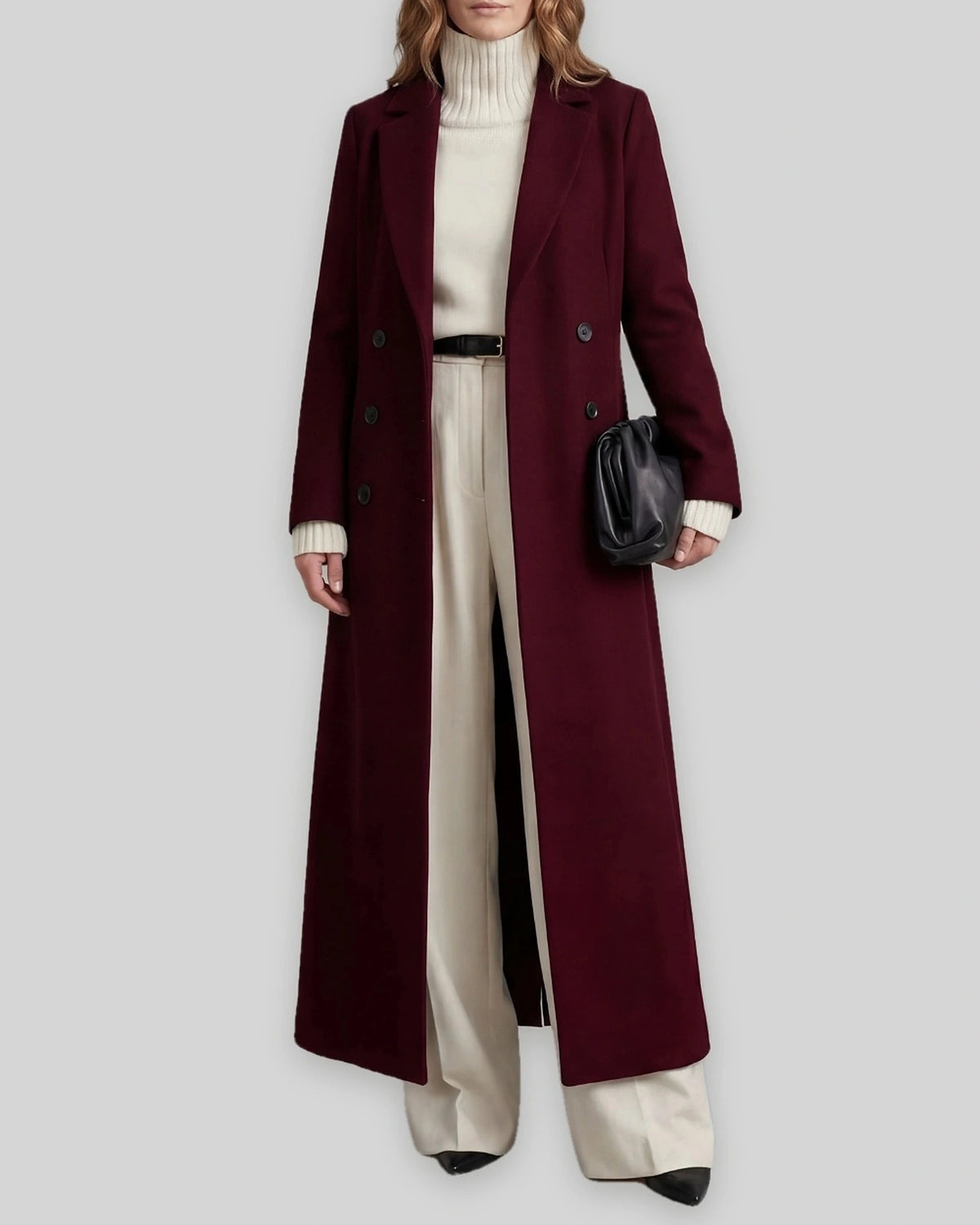 Women's Long Coat with Double Breasted Front and Notch Lapel, Maxi Longline Length – Lottie Grey