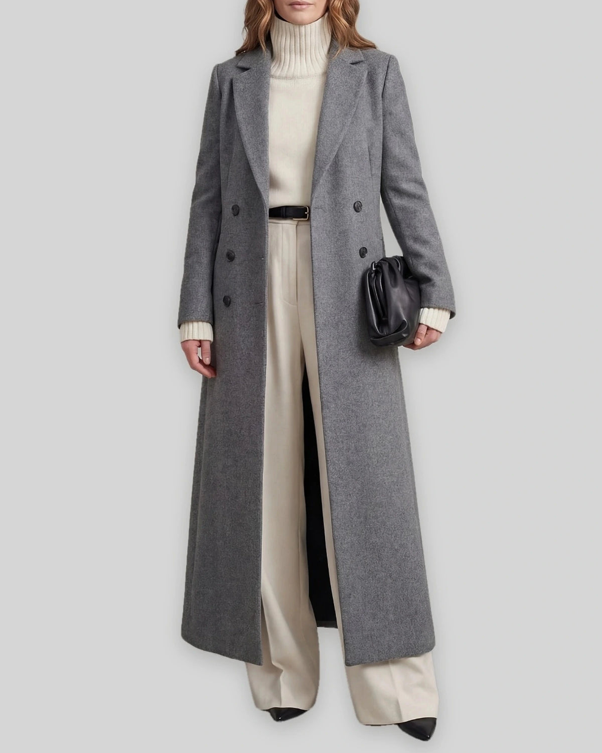 Women's Long Coat with Double Breasted Front and Notch Lapel, Maxi Longline Length – Lottie Grey