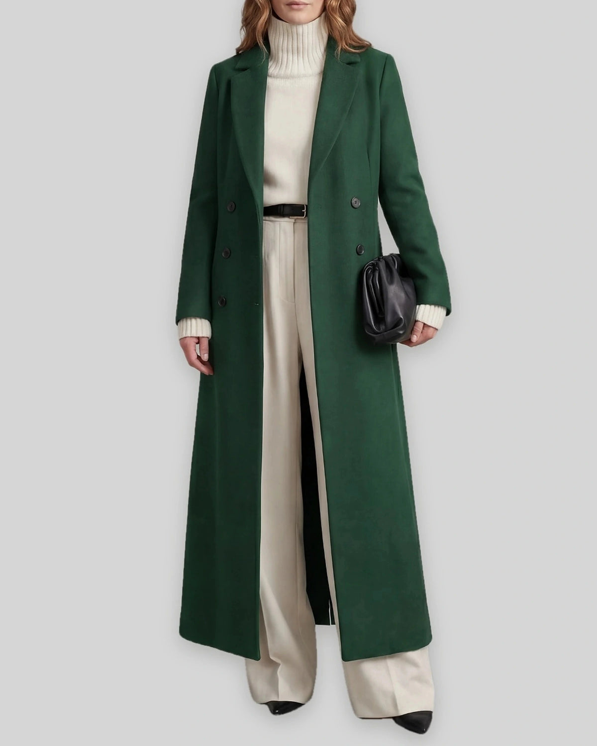 Women's Long Coat with Double Breasted Front and Notch Lapel, Maxi Longline Length – Lottie Grey