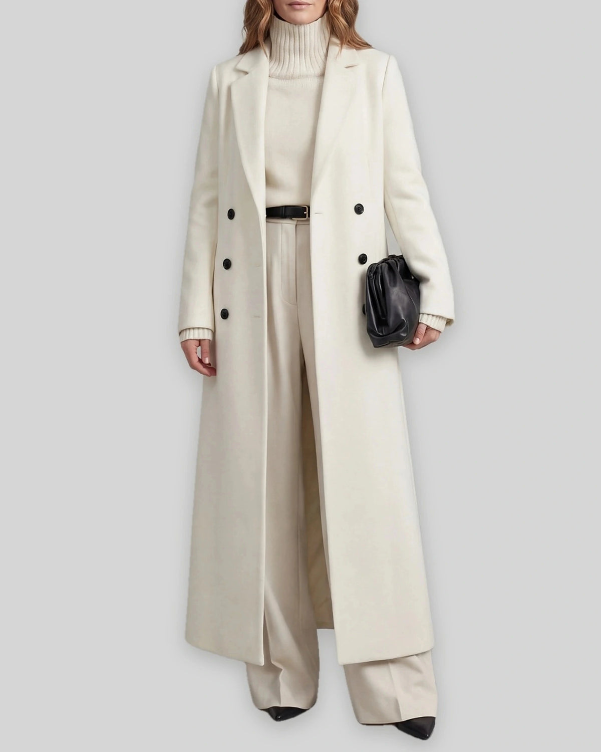 Women's Long Coat with Double Breasted Front and Notch Lapel, Maxi Longline Length – Lottie Grey