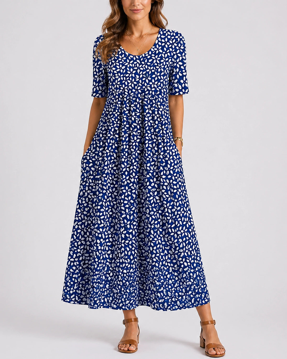 Women's Midi Dress with Floral Print, Short Sleeves and Side Pockets – Beatrix Jane