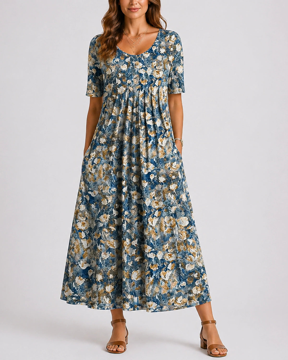 Women's Midi Dress with Floral Print, Short Sleeves and Side Pockets – Beatrix Jane