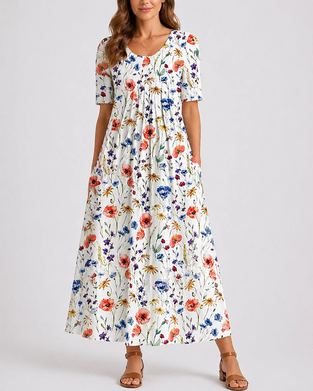 Women's Midi Dress with Floral Print, Short Sleeves and Side Pockets – Beatrix Jane