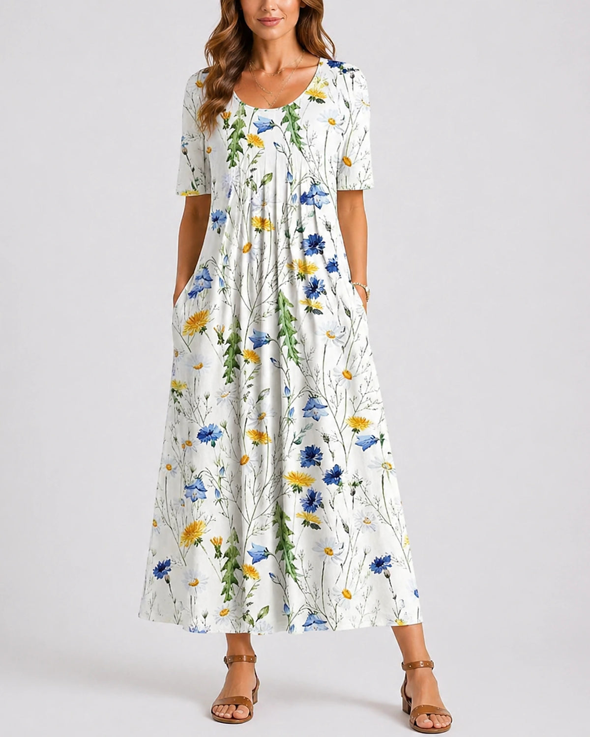 Women's Midi Dress with Floral Print, Short Sleeves and Side Pockets – Beatrix Jane